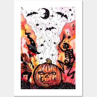 Dancing Witch and Spooky Skeleton Posters and Art